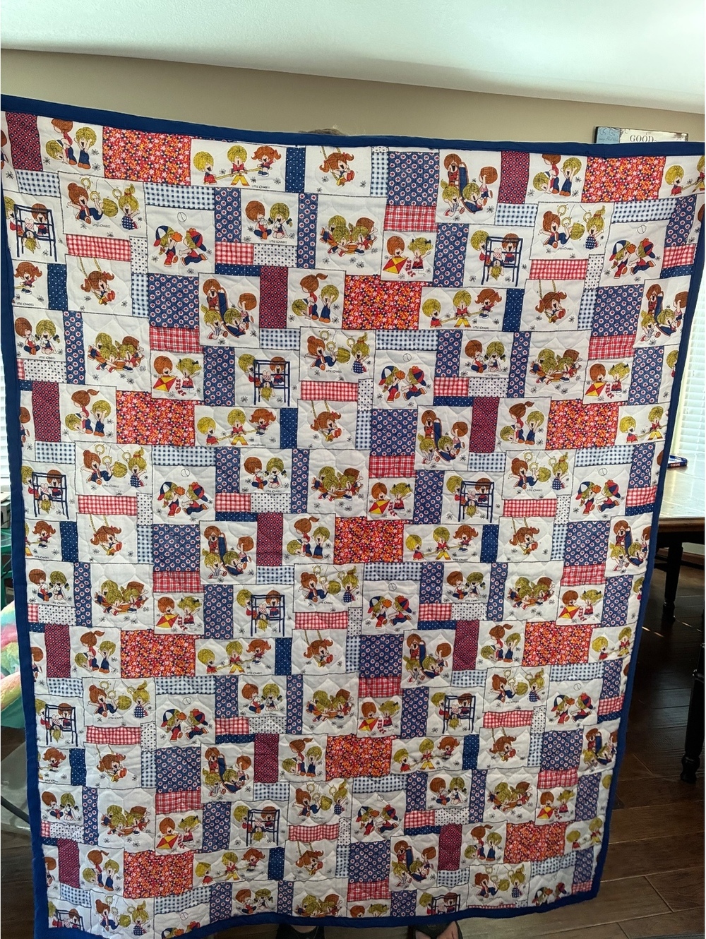 Vintage 1970s "Patchwork" Crib Quilt Joan Walsh Anglund Style Nursery Quilt